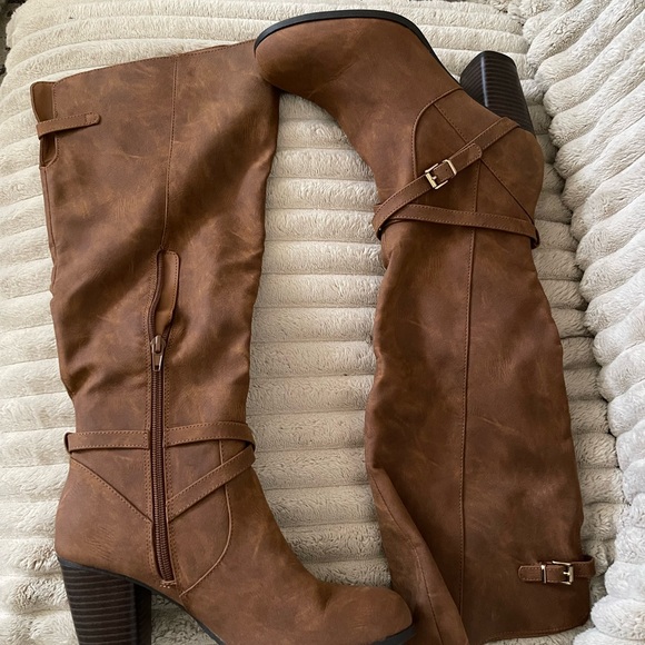 Madden Girl Brown Heeled Boots with Equestrian Style - Picture 1 of 5